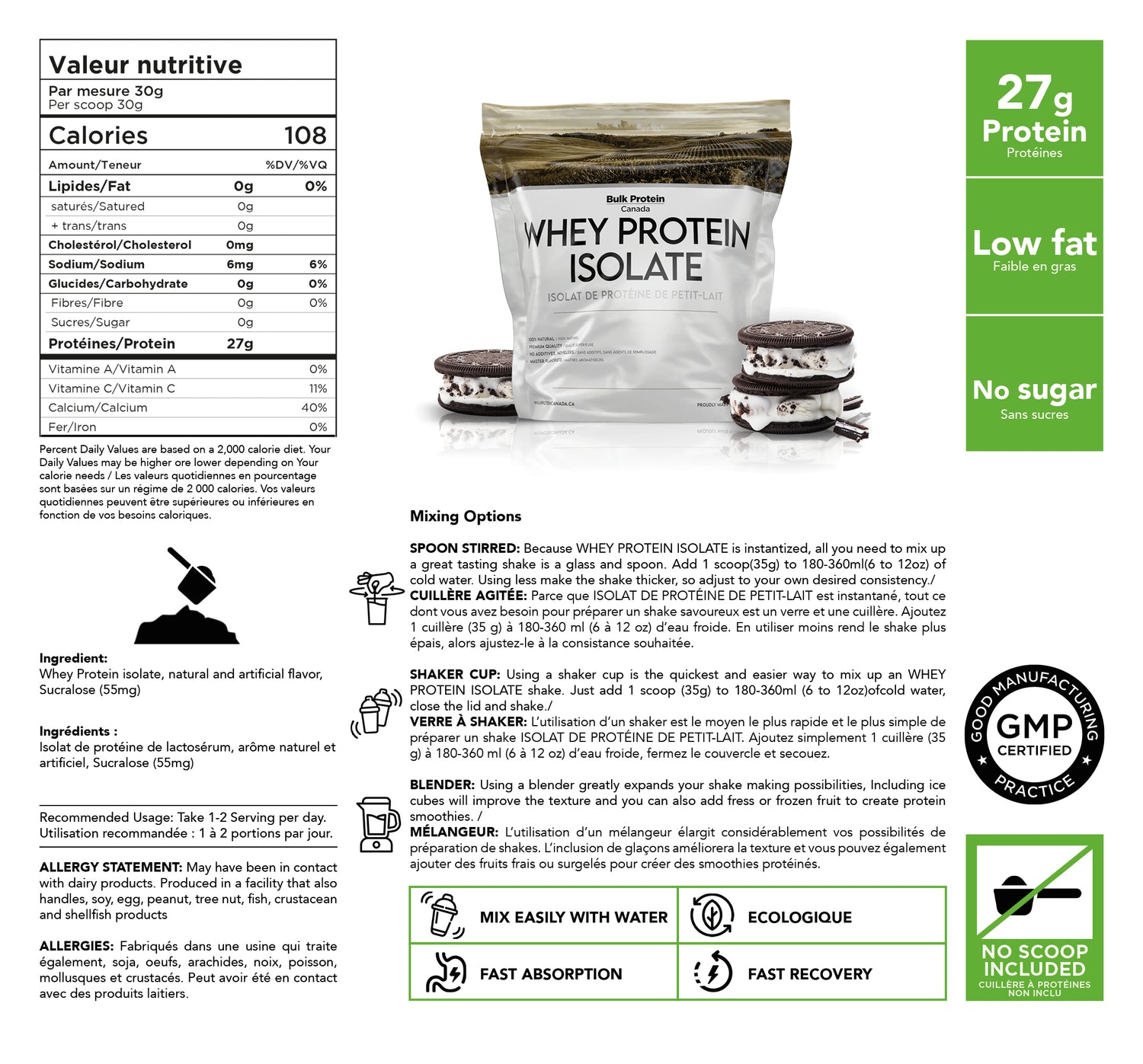 Bulk Protein Canada Cookies&Cream whey protein isolate nutrition facts