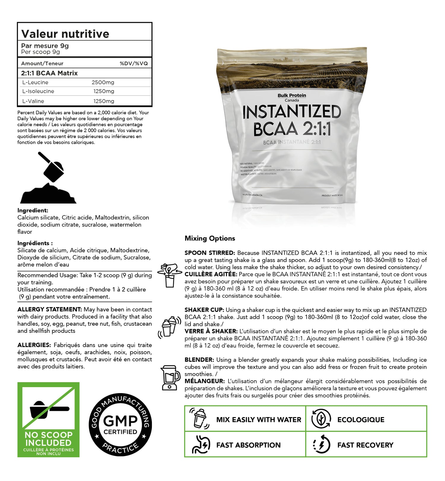 Bulk Protein Canada instantized BCAA 2:1:1 nutrition facts