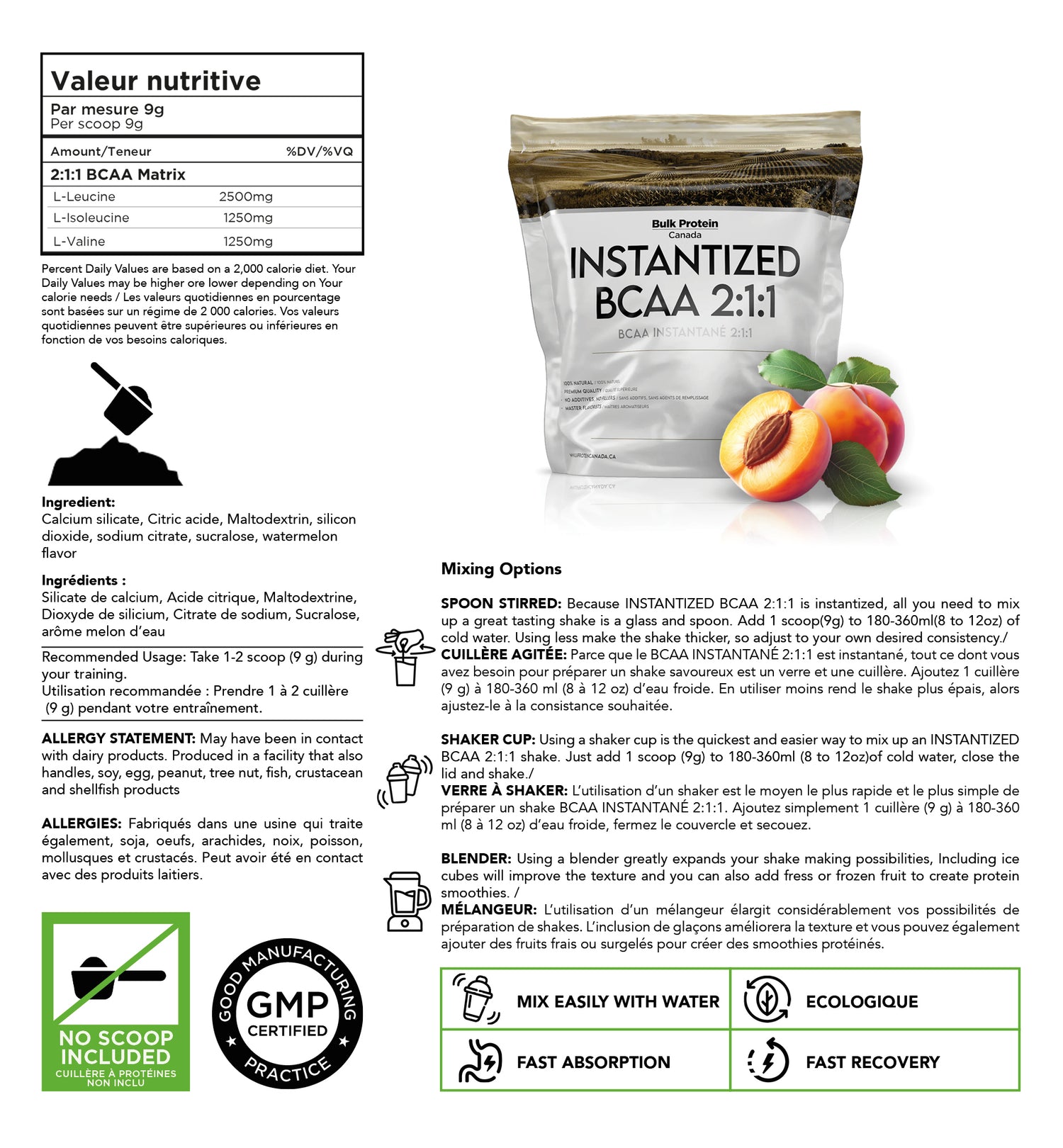 Bulk Protein Canada Peach instantized BCAA 2:1:1 nutrition facts