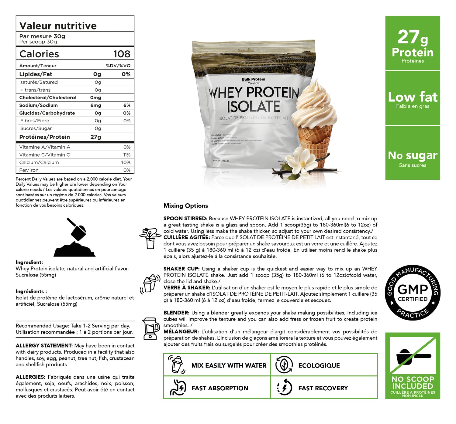 Bulk Protein Canada Vanilla whey protein isolate nutrition facts