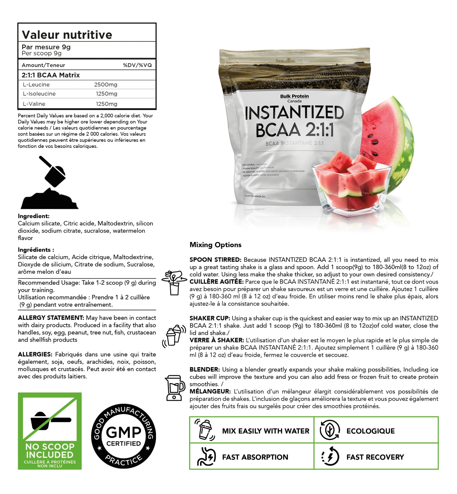 Bulk Protein Canada Watermelon instantized BCAA 2:1:1 nutrition facts